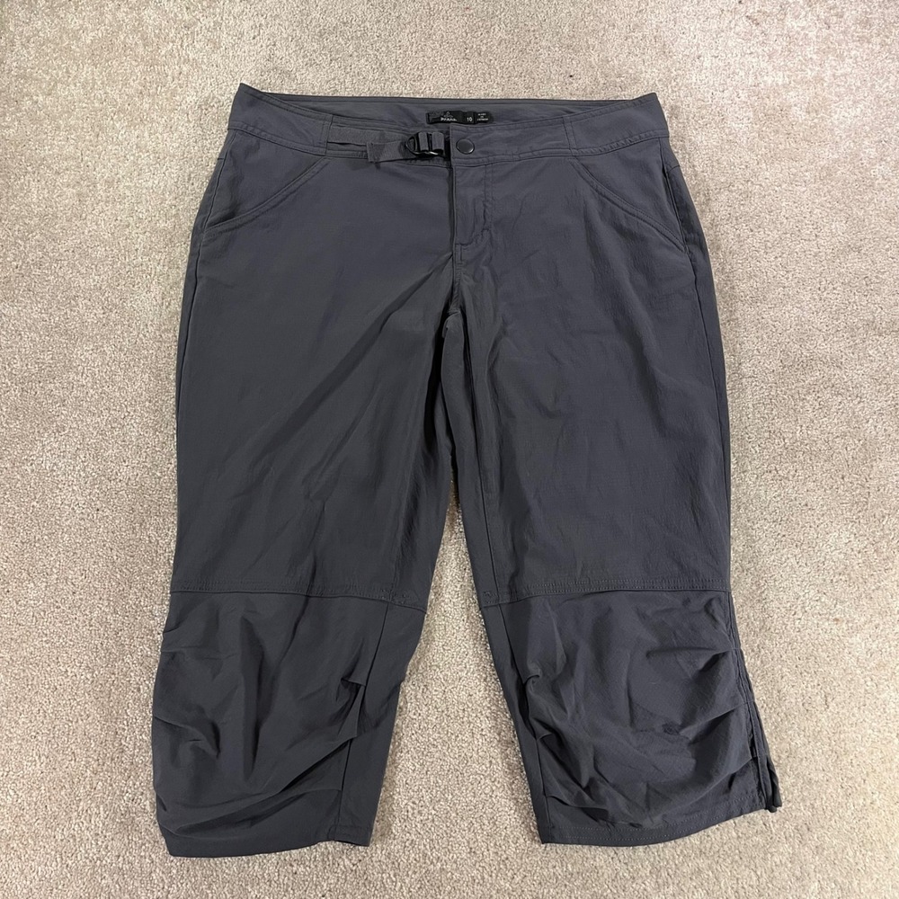 Prana Halle Hiking Capri Pants Women 10 Gray Stretch Zion Cropped Belted Outdoor